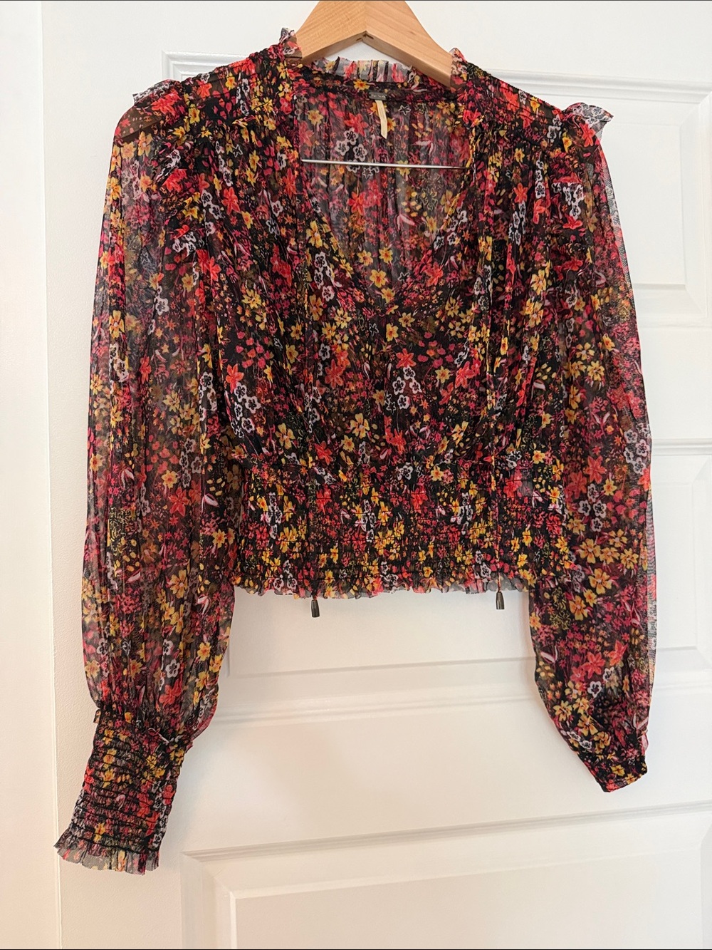 Free People Black Sheer Floral Smocked Waist Blouse with Red & Yellow Flowers